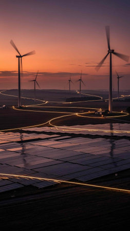 Aerial view of solar panels and wind turbines at sunset in Spain