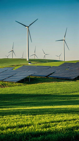 Solar panels and wind turbines on a green field. Alternative energy source.