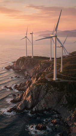 Windmills for electric power production at sunset, Cabo da Roca, Portugal