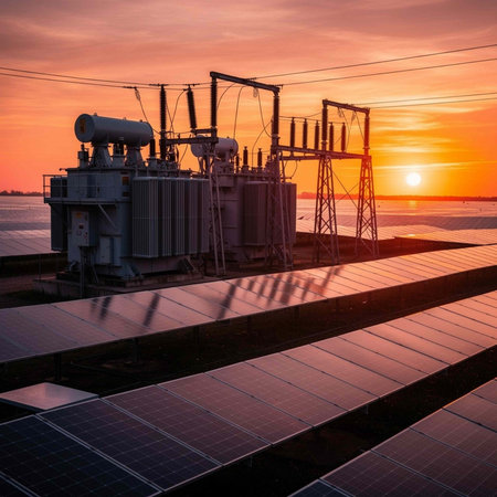 Power plant with solar panels and photovoltaic panels at sunset
