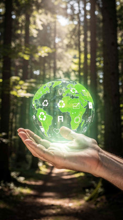 Conceptual image with green planet in human hand against forest background