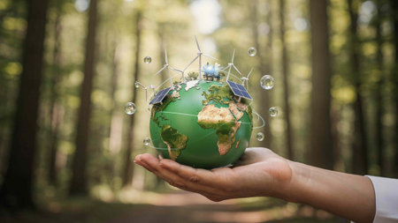 Hand holding earth globe on forest background. Elements of this image furnished by NASA
