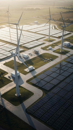 Aerial view of solar power plant with wind turbines and solar panels