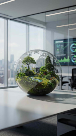Glass globe with green plants inside on table in office. 3d rendering