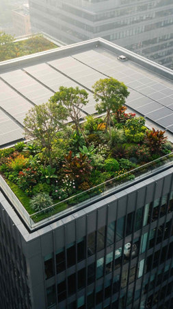 Aerial view of modern skyscrapers with solar panels and green plants
