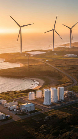 Aerial view of wind turbines at sunset, Cape Town, South Africa