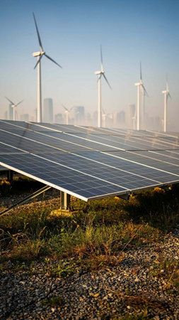 solar energy panels and wind turbines in a solar farm in shanghai china