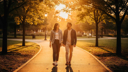 Young couple in love walking in the park at sunset. Man and woman holding hands.