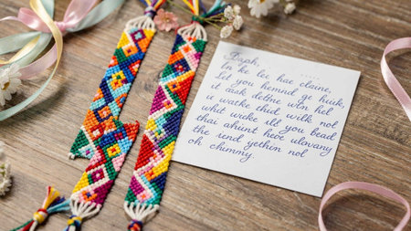 Greeting card with embroidery and beads on a wooden background