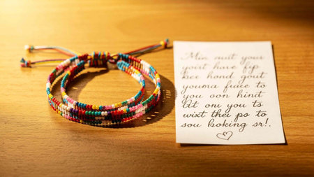 colorful bracelets on a wooden background with a written message