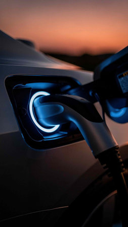 Electric car charging station at sunset, closeup of the headlight