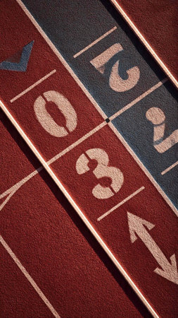 A shot of a track and field track and field set with numbers.