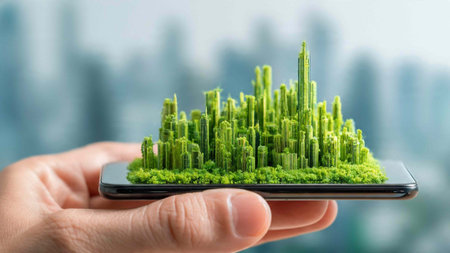 Smartphone with green city model in hand on blurred background. 3d rendering