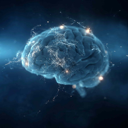 3D rendering of a human brain with glowing lights on a dark background