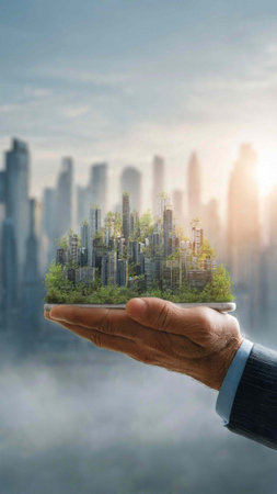Hand of businessman holding modern city model in palm. 3D rendering
