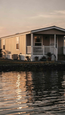 A view of a house by the river at sunset in the evening.