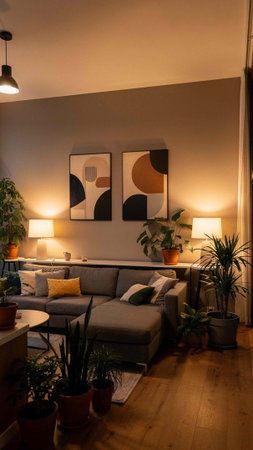 Interior of a modern living room with a sofa, plants and a lamp