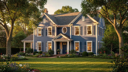 Beautiful classic american house in the garden at sunset time.
