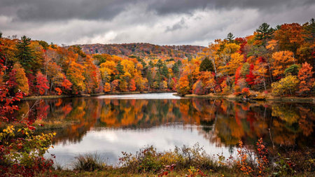 Autumn landscape with lake and forest in the background, New England