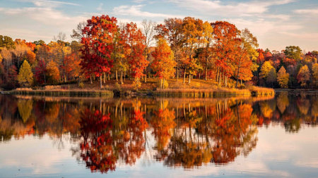 Autumn forest reflected in the lake. Beautiful autumn landscape with colorful trees.