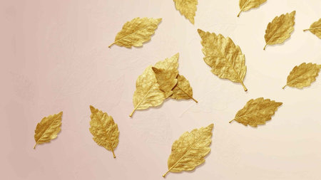 Autumn leaves background. Golden leaves on pastel beige background
