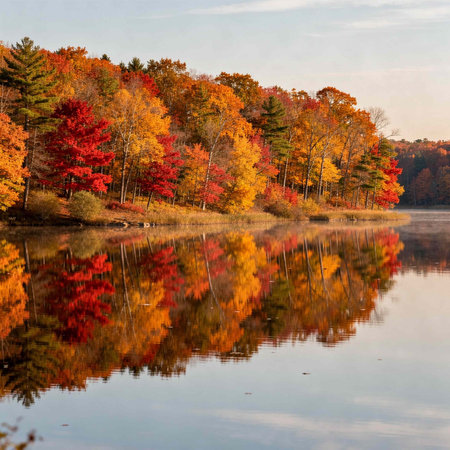 Colorful autumn trees reflected in the calm water of a lake.