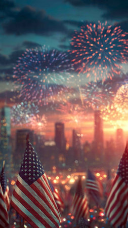 American flag and fireworks in New York City, USA. 3D rendering
