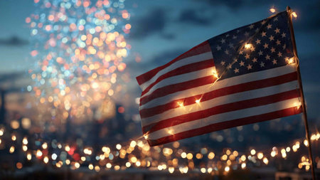 American flag on blurred cityscape background with bokeh lights.