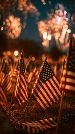 Patriotic background with fireworks and american flags. Selective focus.