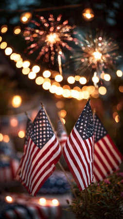 American flags with bokeh background.