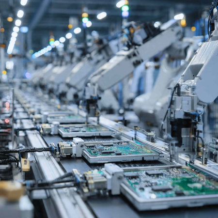 Production line of the factory for the production of computer electronic components. Industrial background