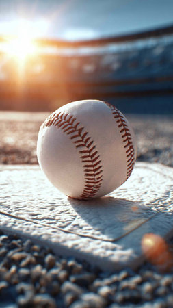 Baseball ball on a baseball field with sunlight in the background.
