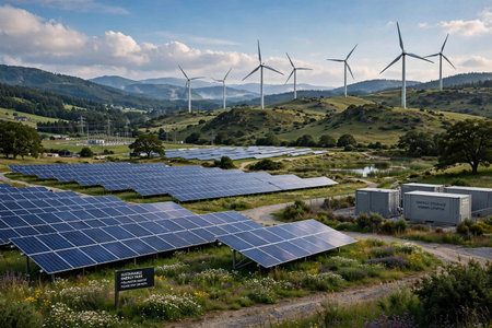 Photovoltaic panels and wind turbines in the countryside of New Zealand