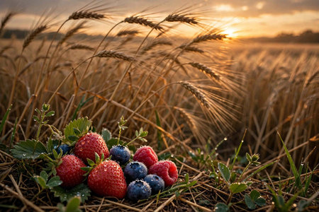 Strawberries and blueberries on a wheat field at sunset.