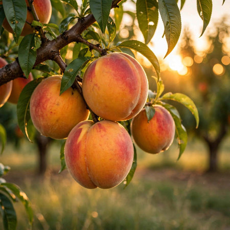 Ripe peaches on the tree in the orchard at sunset