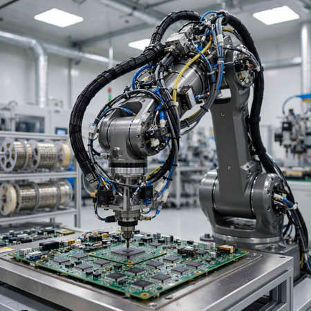 Industrial robot assembly line in factory, industry 4.0 concept