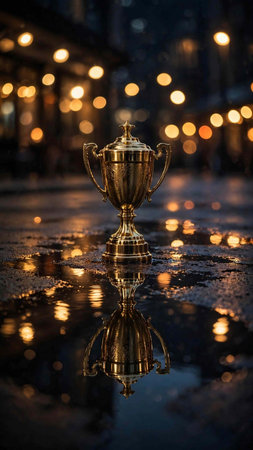 Trophy with reflection in the city at night. Selective focus.