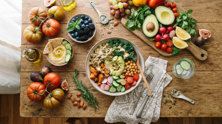 Healthy breakfast bowl with quinoa, avocado, cucumber, radish, tomatoes, olives and herbs on wooden table