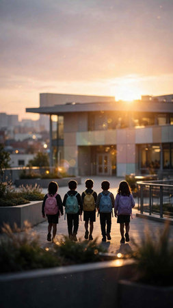 Group of school kids with backpacks walking outdoors at sunset. Back view