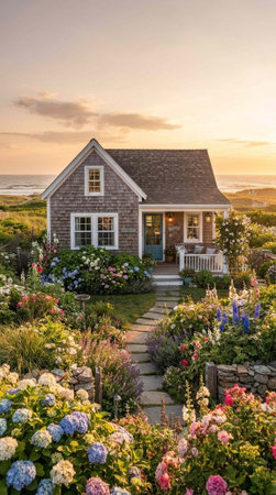 Sunset over a home with flowers in the foreground, Cape Cod, Massachusetts, USA