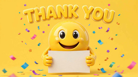 Smiling yellow emoticon holding a white sheet of paper on a yellow background