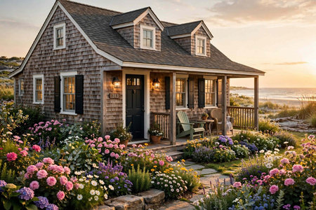 House with beautiful flower garden at sunset, Monterey, California, USA