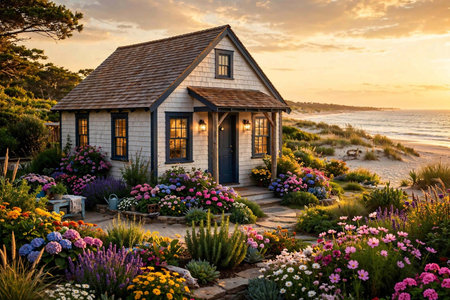 Beautiful flower garden at the beach at sunset.