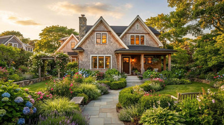 Backyard of luxury home with stone walkway and beautiful landscaping.