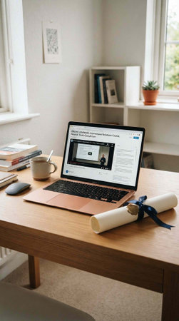 Laptop on a desk at home with a diploma and a cup of coffee