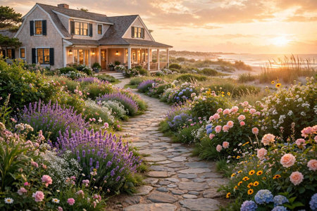 Luxury home on the beach at sunset with flowers and path
