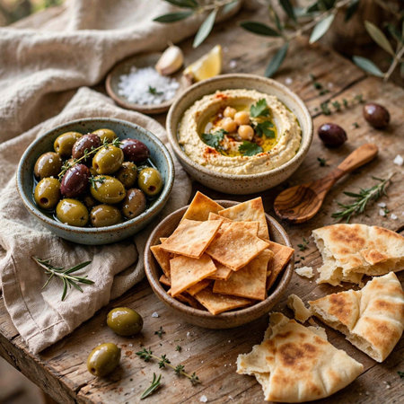 Homemade hummus with olives, olive oil and crackers
