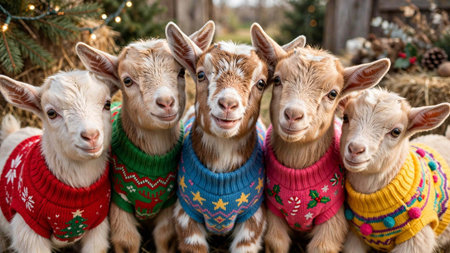 Christmas background with cute little goats in colorful sweaters and scarves