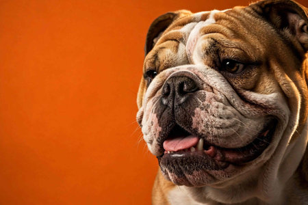 Portrait of a funny English Bulldog on an orange background.