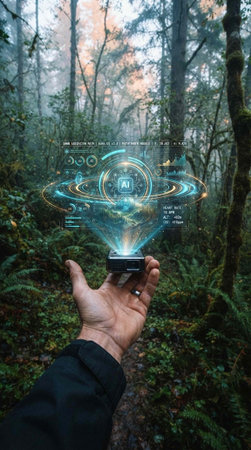 Smart phone with augmented reality in the hand of a man in the forest